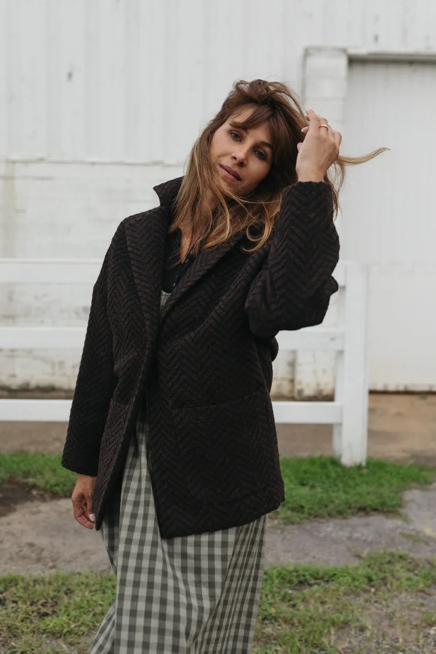 Portuguese Wool Pieper Coat in Black and Brown Herringbone - L and XL Left