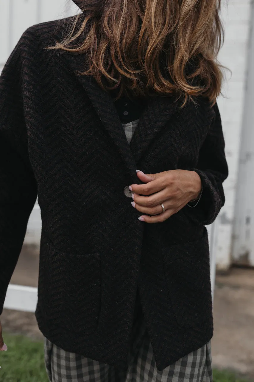 Portuguese Wool Pieper Coat in Black and Brown Herringbone - L and XL Left