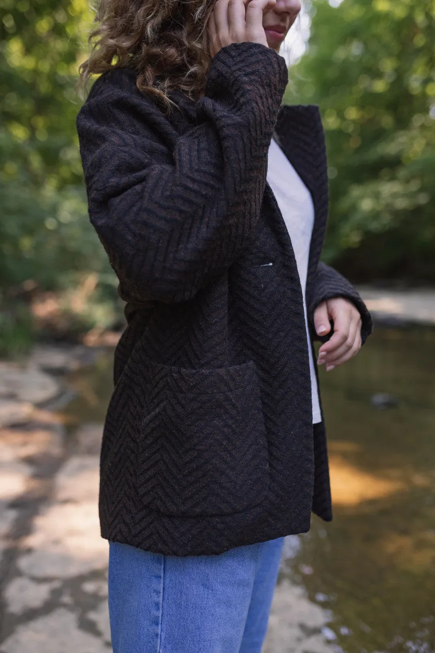 Portuguese Wool Pieper Coat in Black and Brown Herringbone - L and XL Left