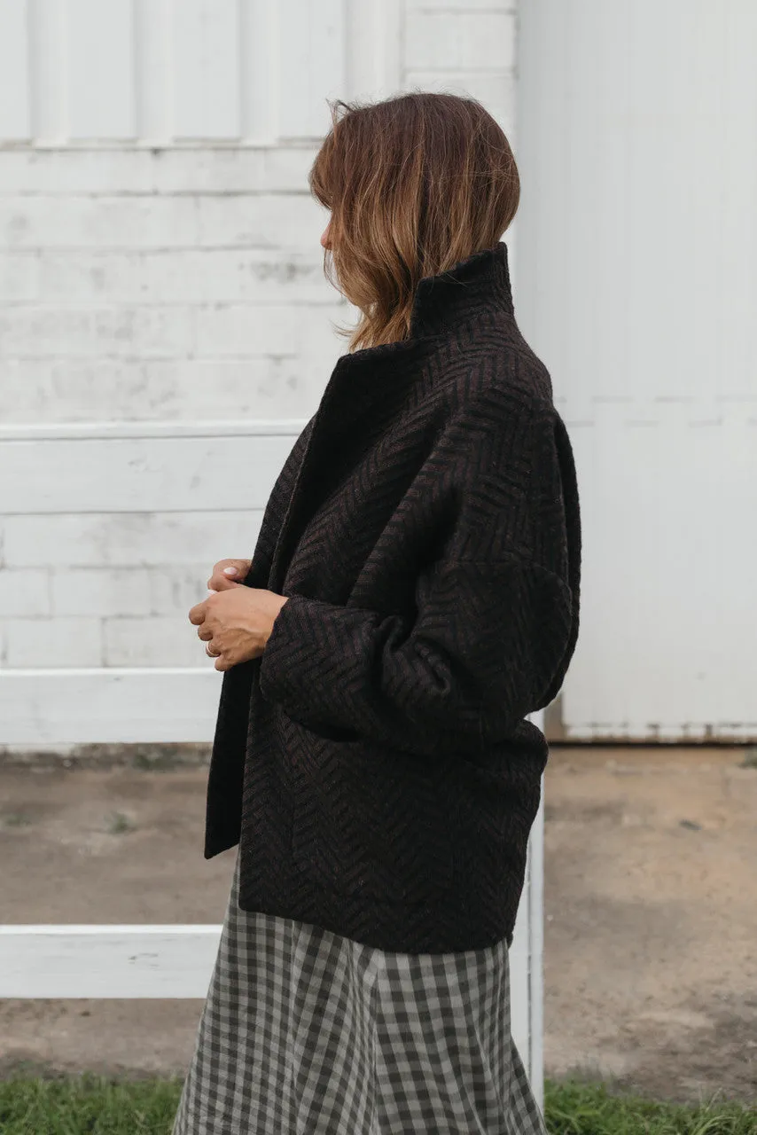 Portuguese Wool Pieper Coat in Black and Brown Herringbone - L and XL Left