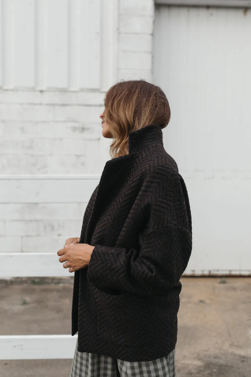 Portuguese Wool Pieper Coat in Black and Brown Herringbone - L and XL Left