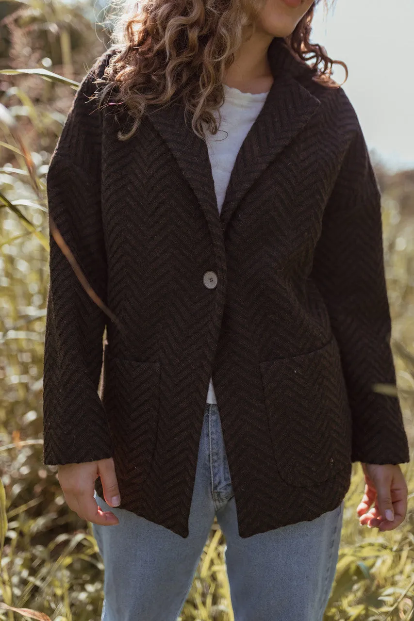 Portuguese Wool Pieper Coat in Black and Brown Herringbone - L and XL Left