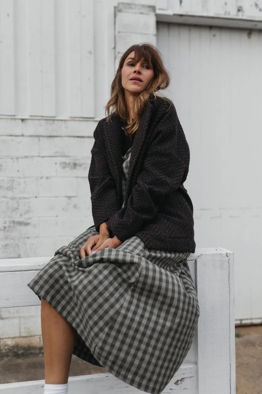 Portuguese Wool Pieper Coat in Black and Brown Herringbone - L and XL Left