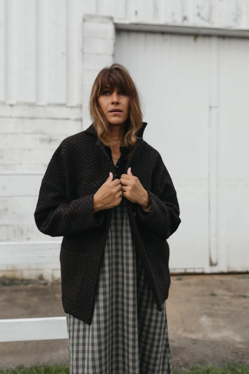 Portuguese Wool Pieper Coat in Black and Brown Herringbone - L and XL Left