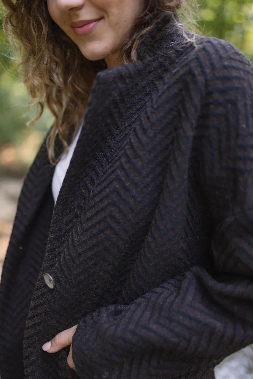 Portuguese Wool Pieper Coat in Black and Brown Herringbone - L and XL Left