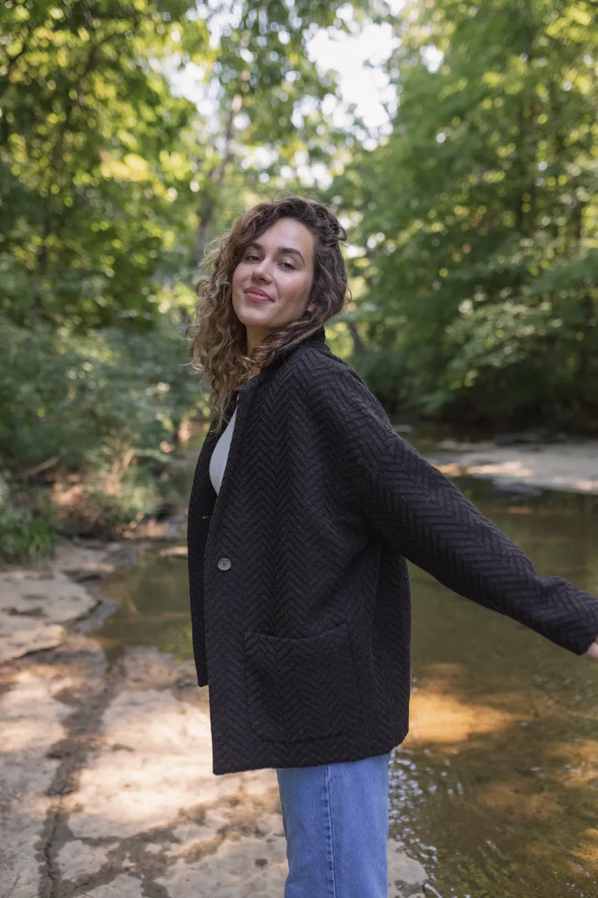 Portuguese Wool Pieper Coat in Black and Brown Herringbone - L and XL Left