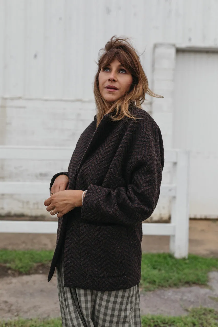 Portuguese Wool Pieper Coat in Black and Brown Herringbone - L and XL Left