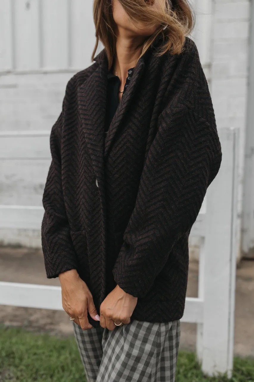 Portuguese Wool Pieper Coat in Black and Brown Herringbone - L and XL Left