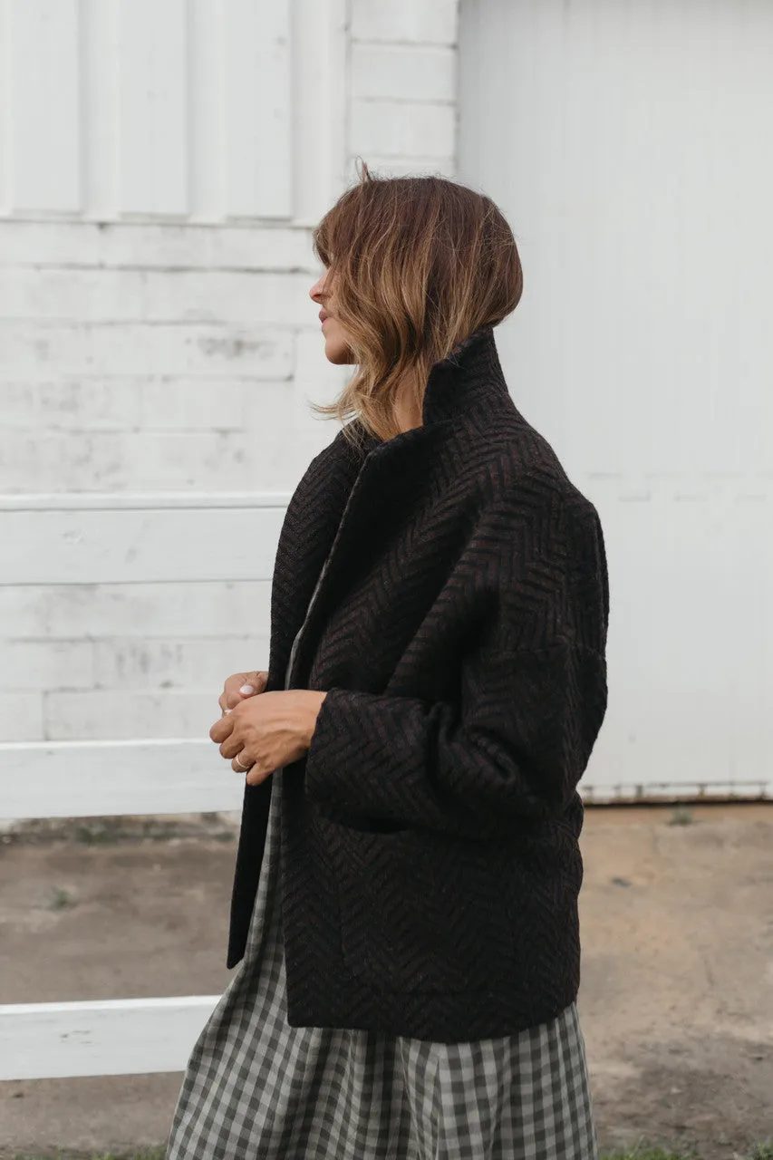 Portuguese Wool Pieper Coat in Black and Brown Herringbone - L and XL Left