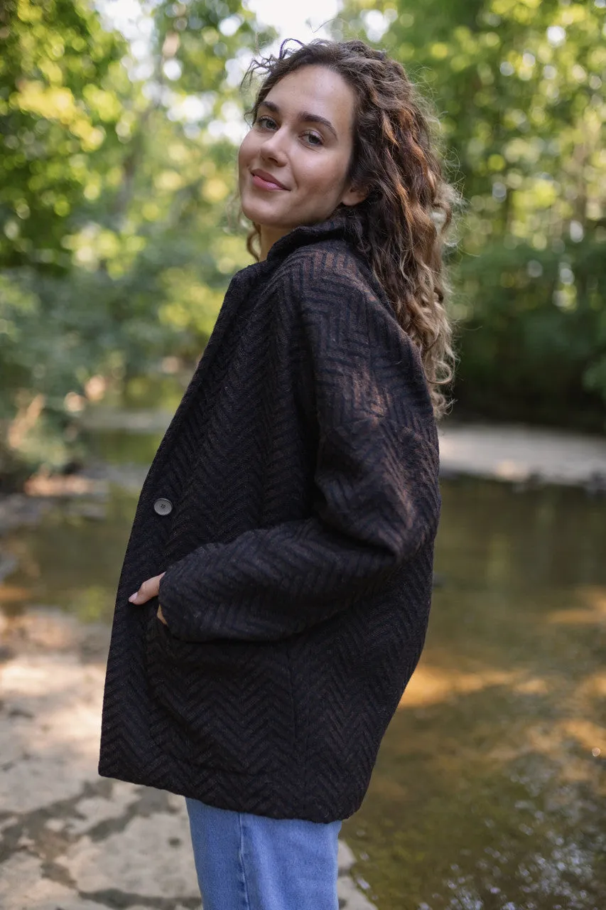 Portuguese Wool Pieper Coat in Black and Brown Herringbone - L and XL Left