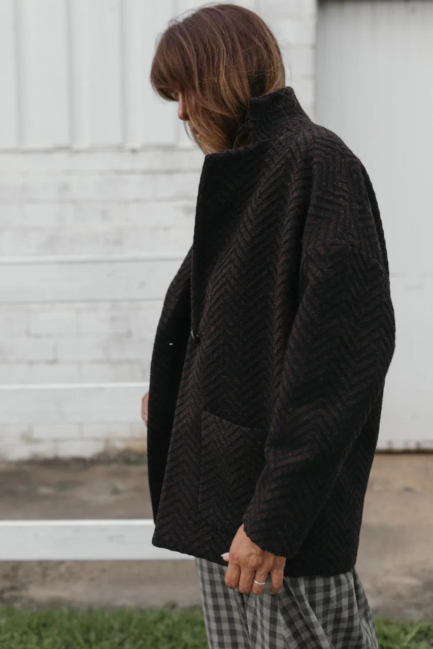 Portuguese Wool Pieper Coat in Black and Brown Herringbone - L and XL Left