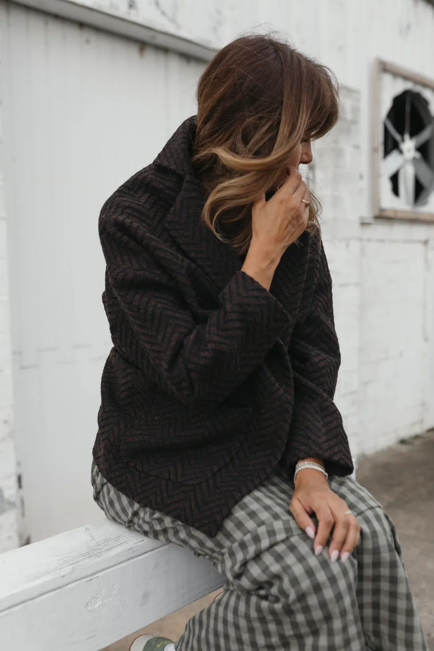 Portuguese Wool Pieper Coat in Black and Brown Herringbone - L and XL Left