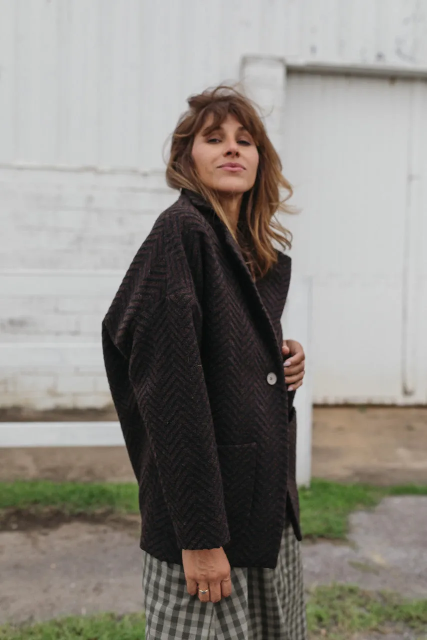 Portuguese Wool Pieper Coat in Black and Brown Herringbone - L and XL Left