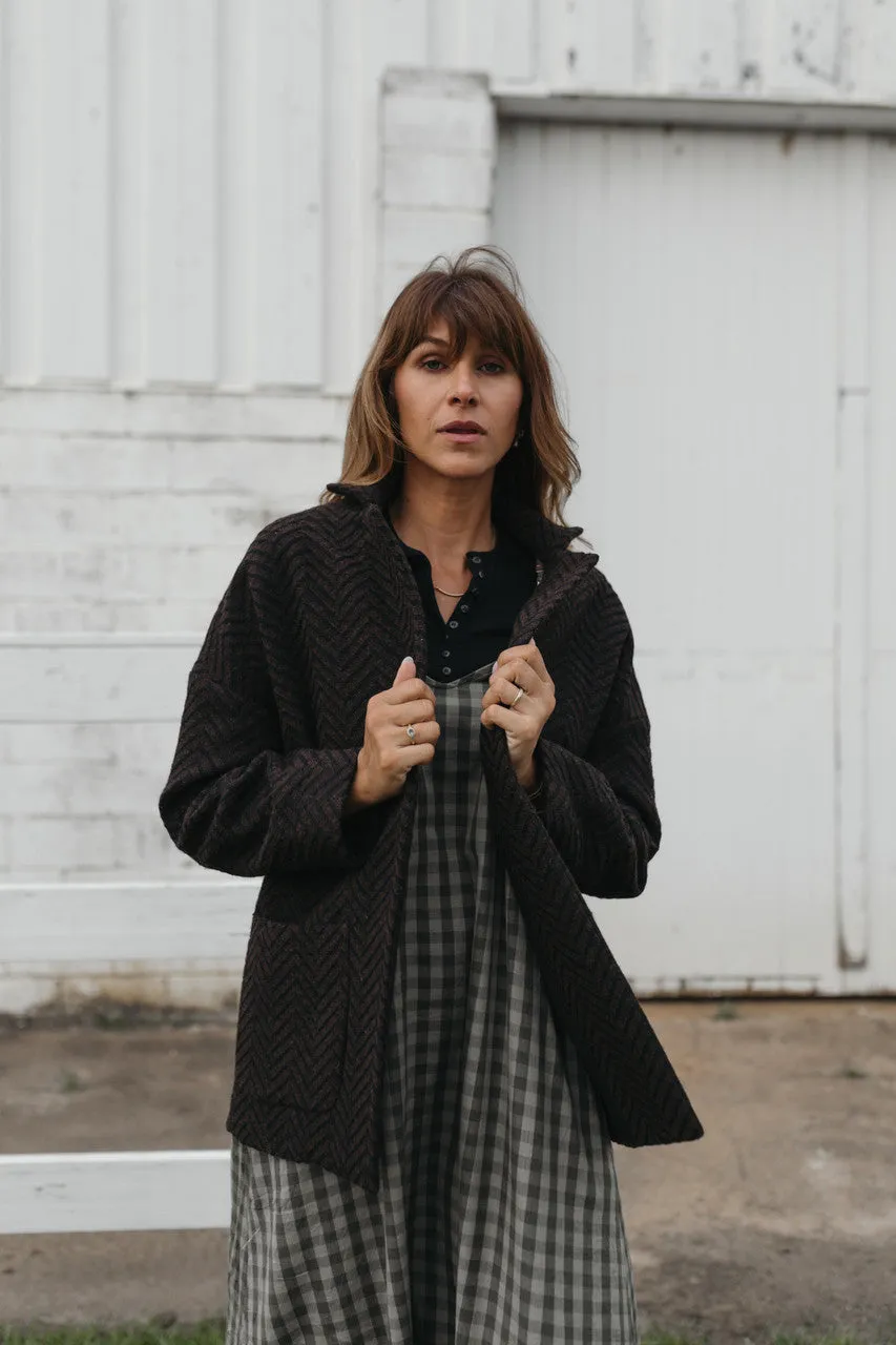 Portuguese Wool Pieper Coat in Black and Brown Herringbone - L and XL Left