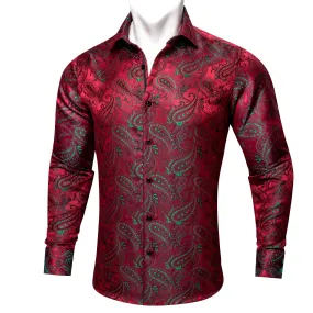 Red Green Paisley Silk Men's Long Sleeve Shirt