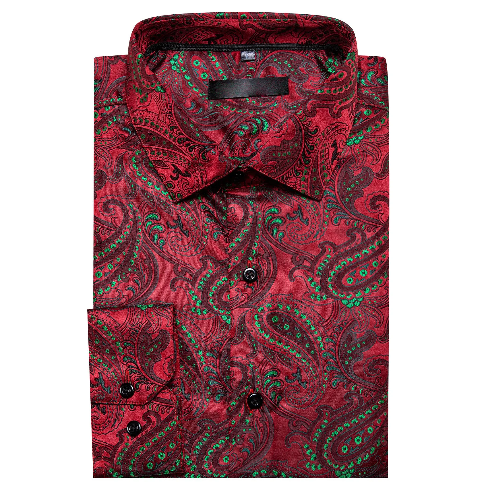 Red Green Paisley Silk Men's Long Sleeve Shirt