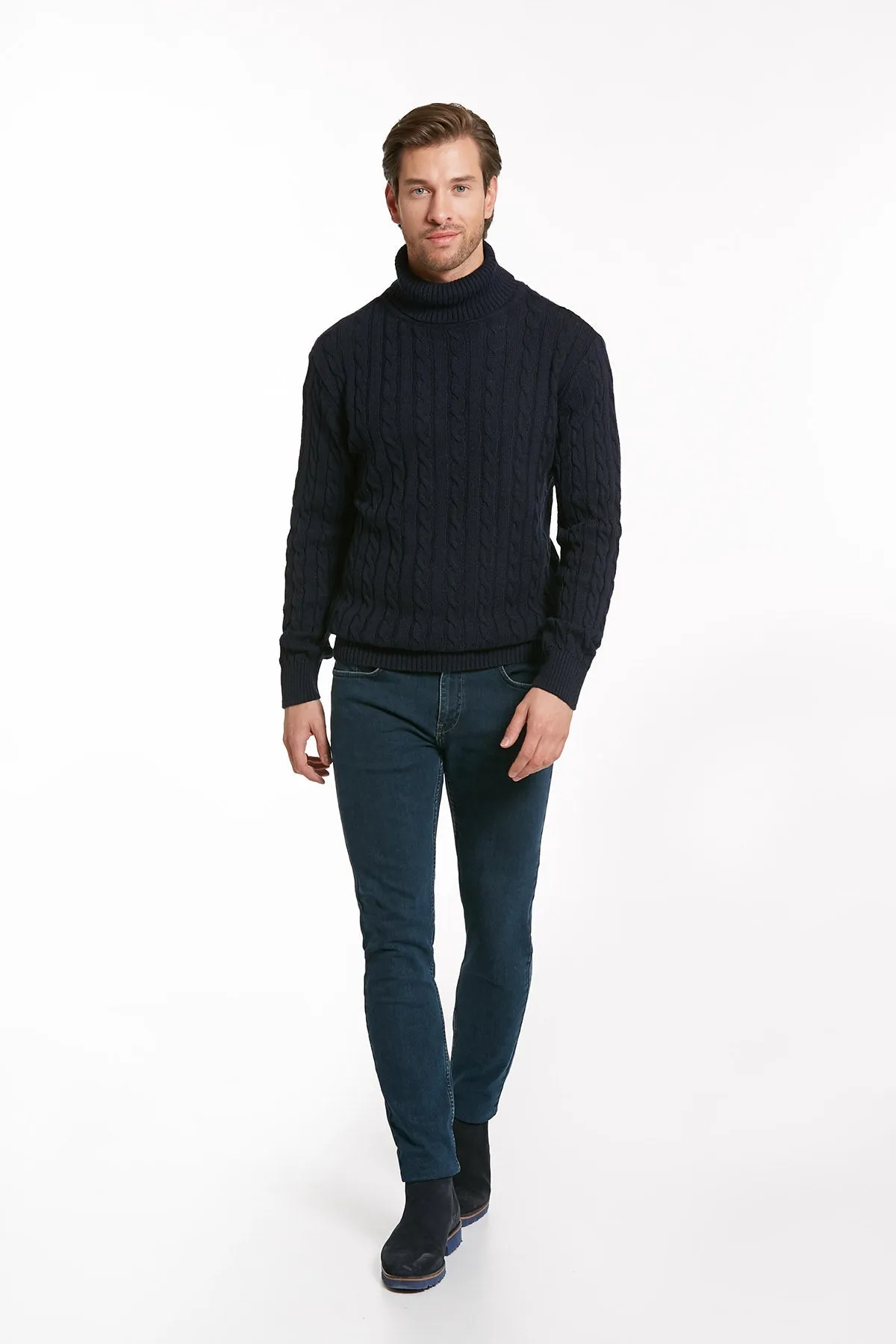 Regular Fit Navy Wool Blend Turtleneck Sweater