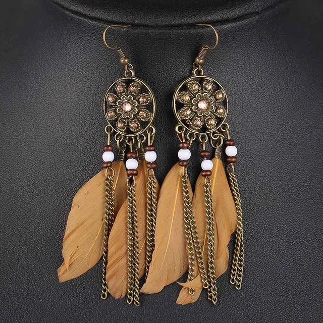 Retro Women Fashion Personality Punk Classic Bronze Earrings Flower Rhinestone Feather Tassel Pendant Earrings For Women Drop