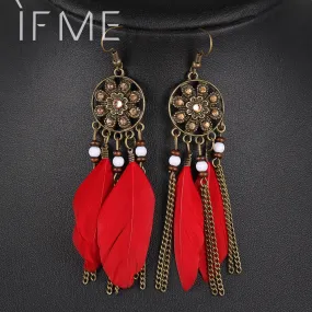 Retro Women Fashion Personality Punk Classic Bronze Earrings Flower Rhinestone Feather Tassel Pendant Earrings For Women Drop