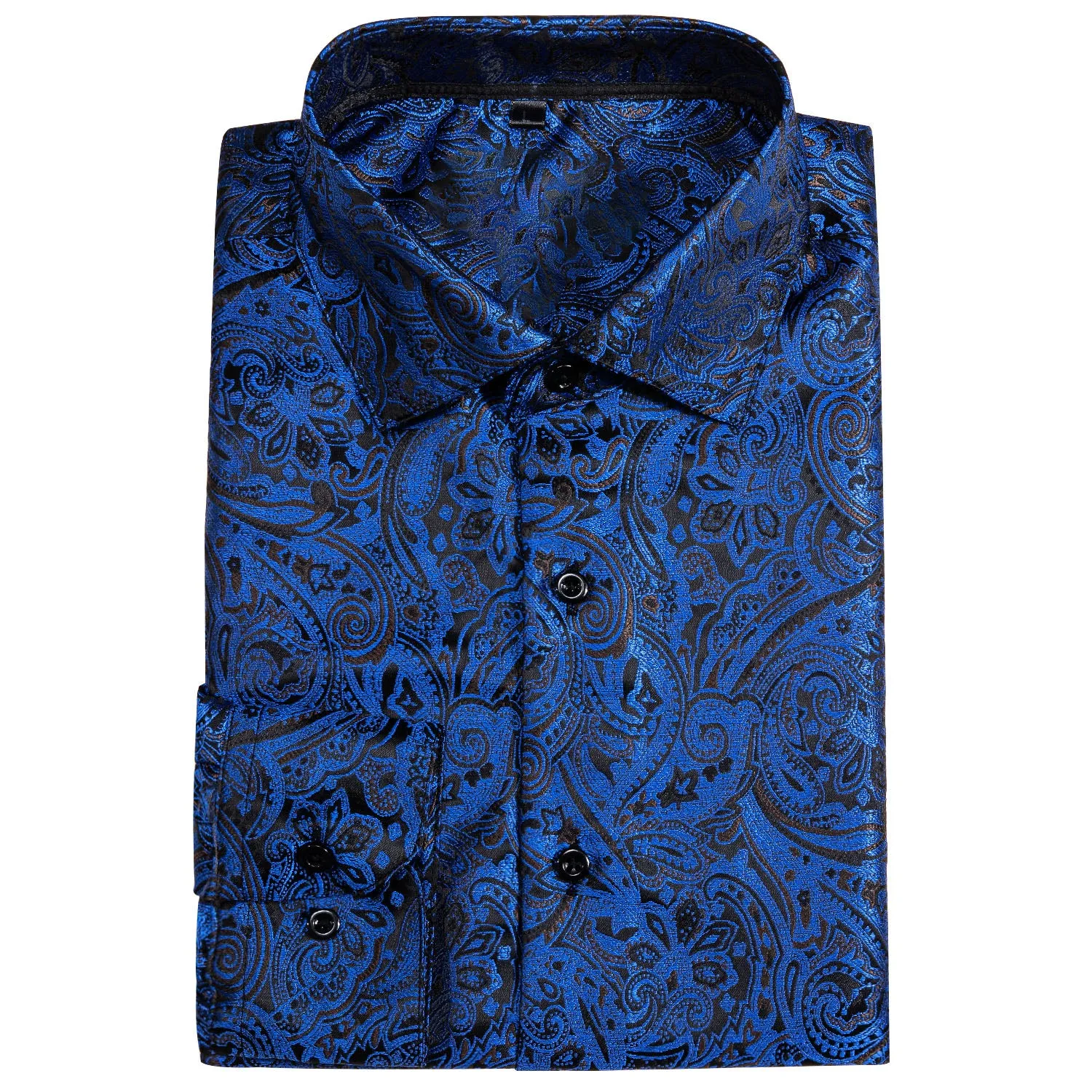 Sapphire Blue Paisley Silk Men's Long Sleeve Shirt