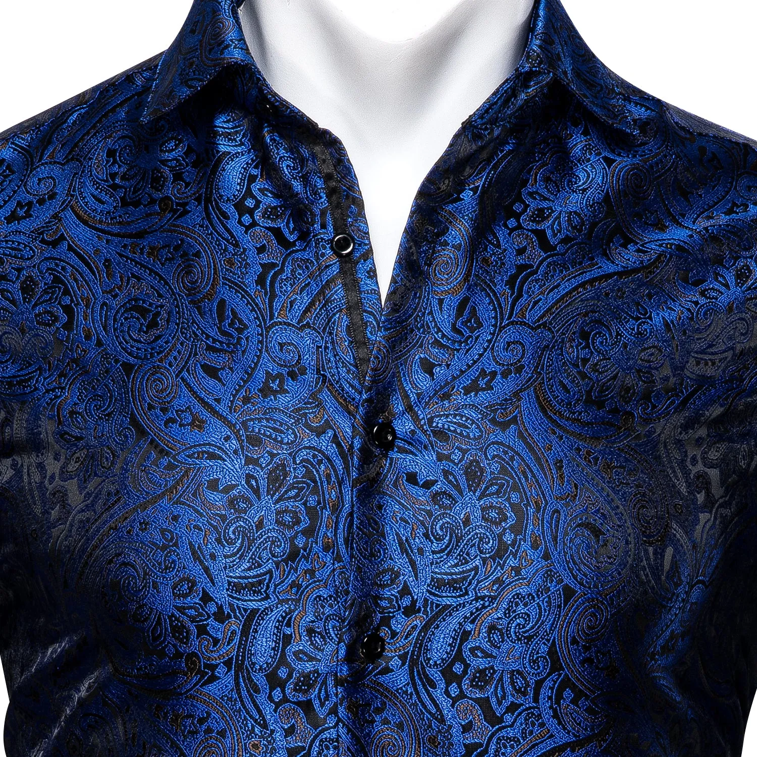 Sapphire Blue Paisley Silk Men's Long Sleeve Shirt