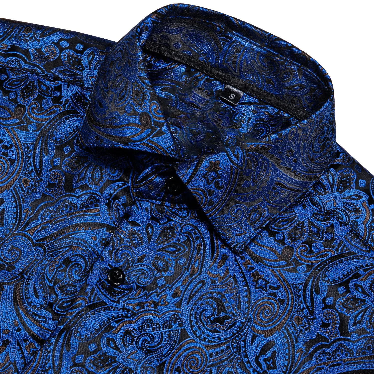 Sapphire Blue Paisley Silk Men's Long Sleeve Shirt