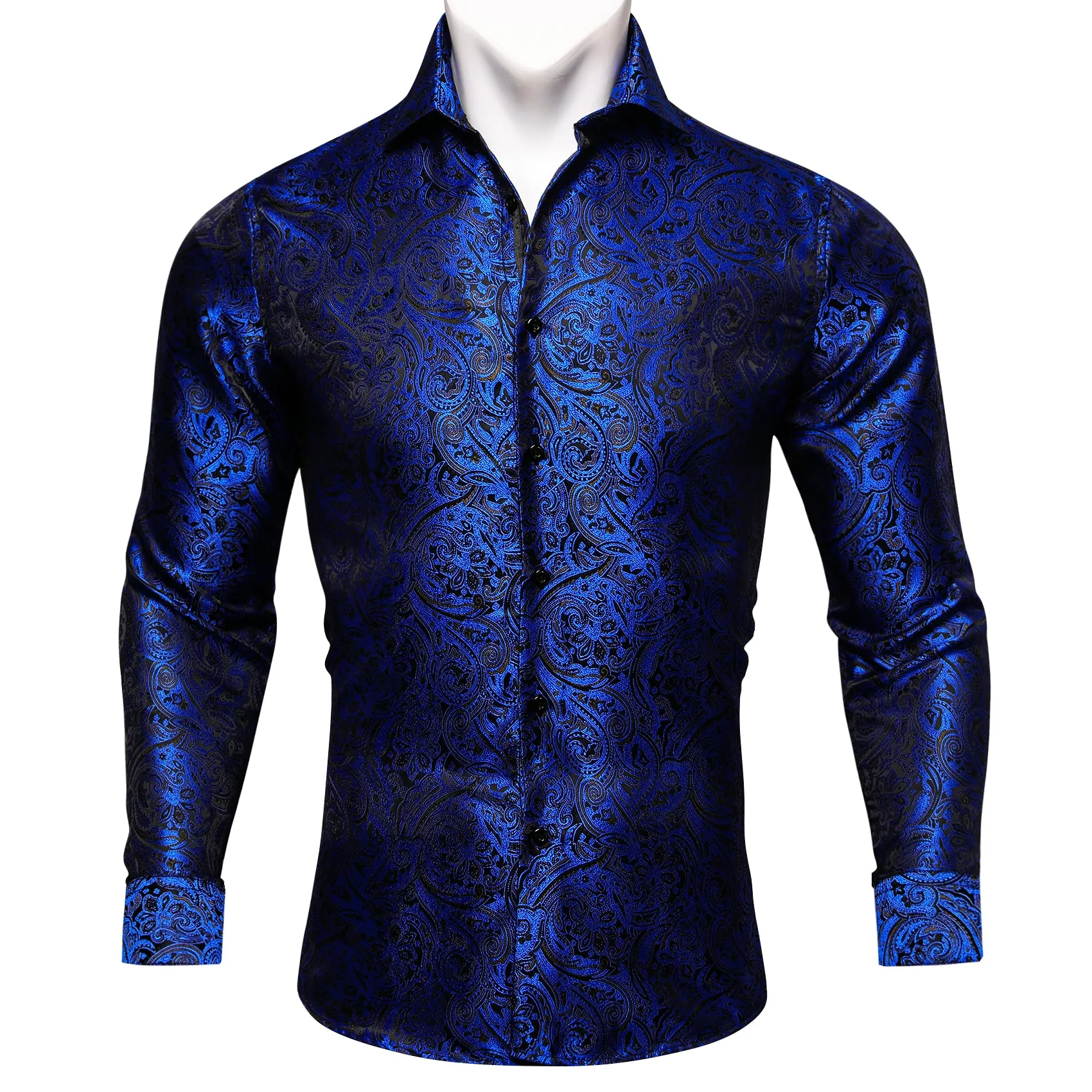 Sapphire Blue Paisley Silk Men's Long Sleeve Shirt