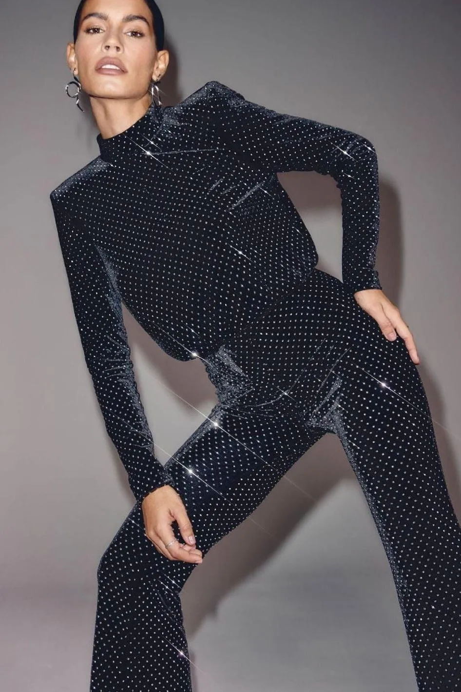 Sequin half turtleneck long-sleeved jumpsuit