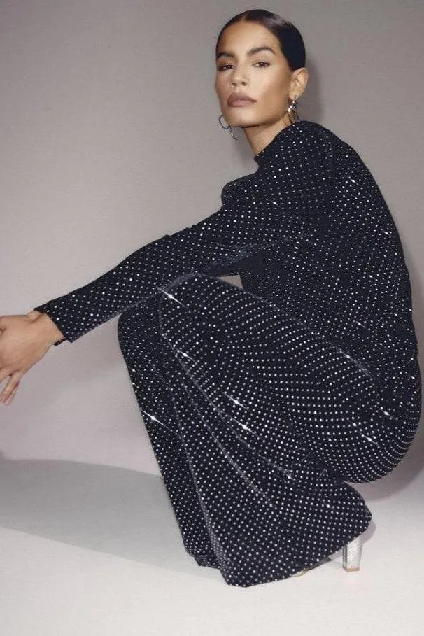 Sequin half turtleneck long-sleeved jumpsuit