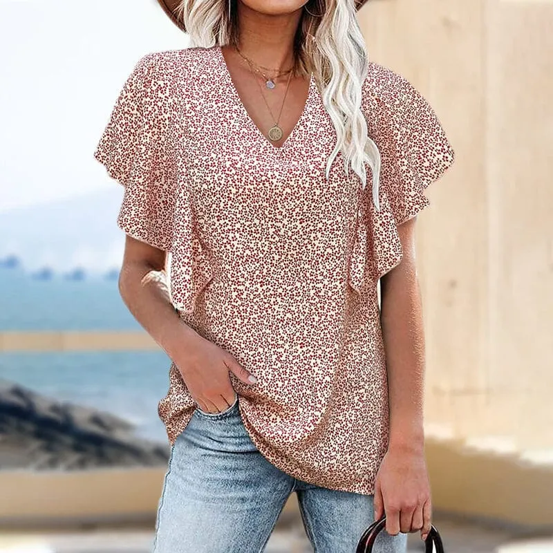 Short-sleeved blouse with V-neck and flower print