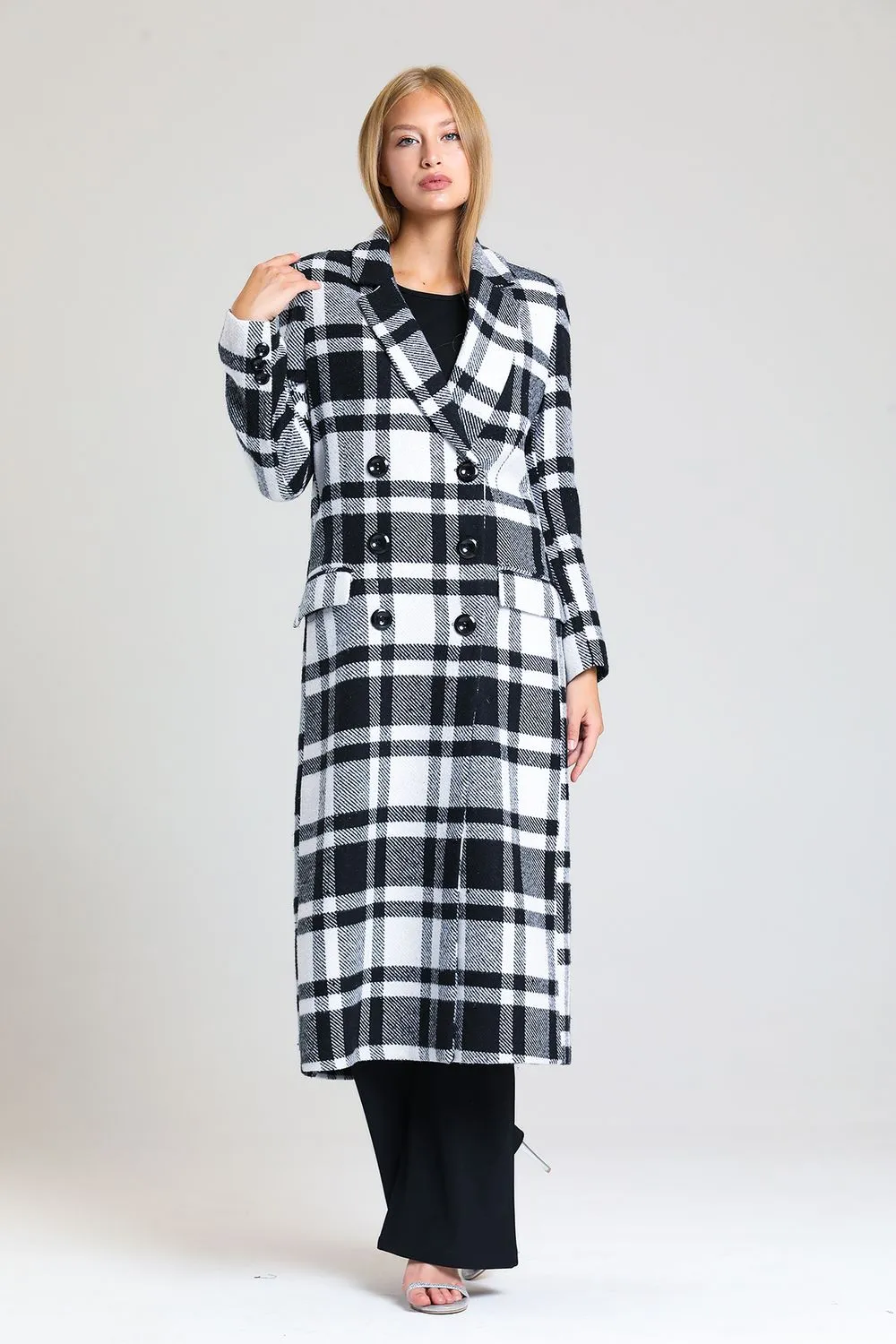 SNS Sense Black and White Plaid Lined Woolen Long Coat - Polatsk