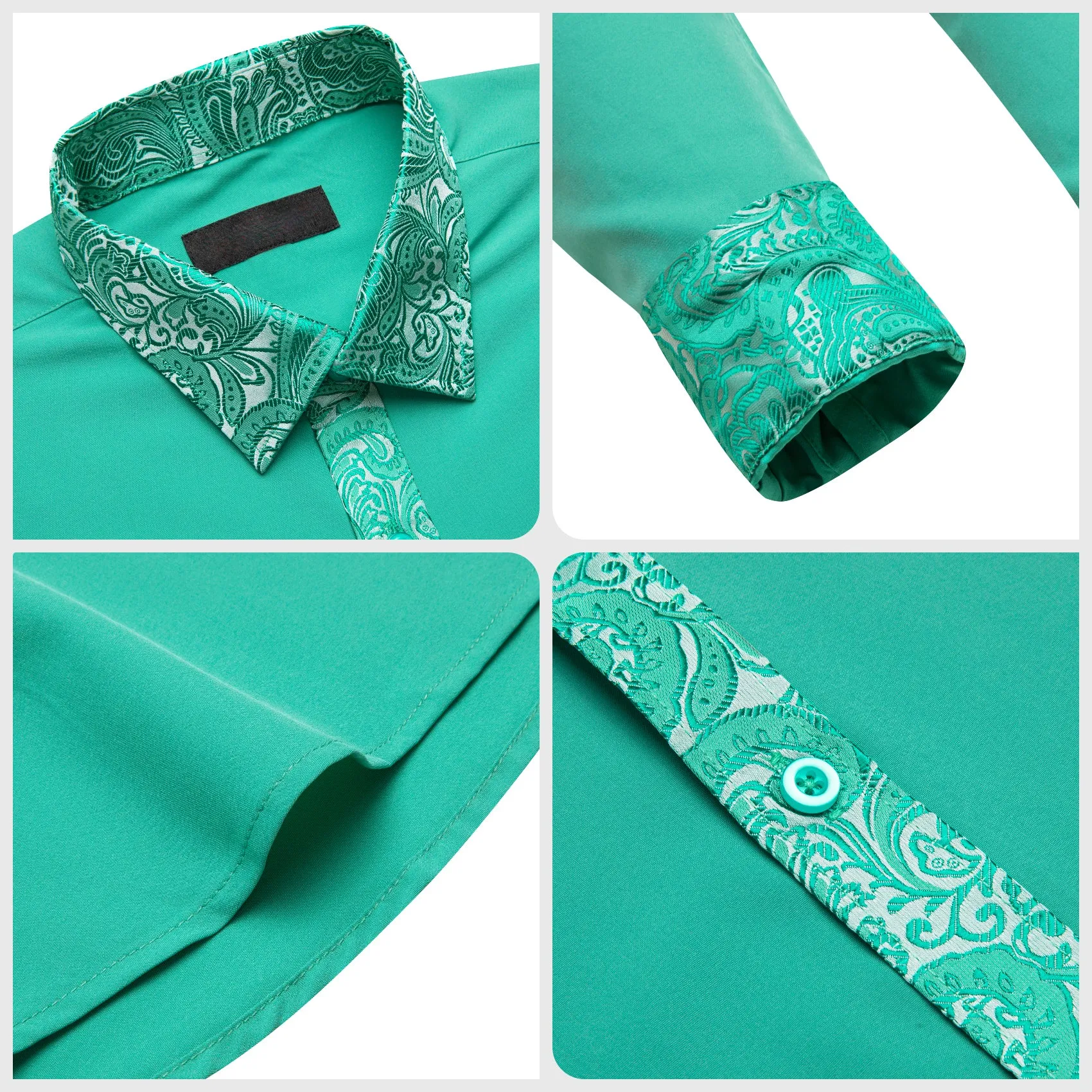 Splicing Style Aqua Blue with Silver Green Paisley Edge Men's Long Sleeve Shirt