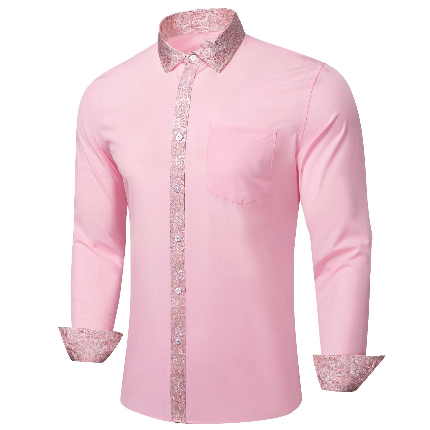 Splicing Style Baby Pink with White Pink Floral Edge Men's Long Sleeve Shirt