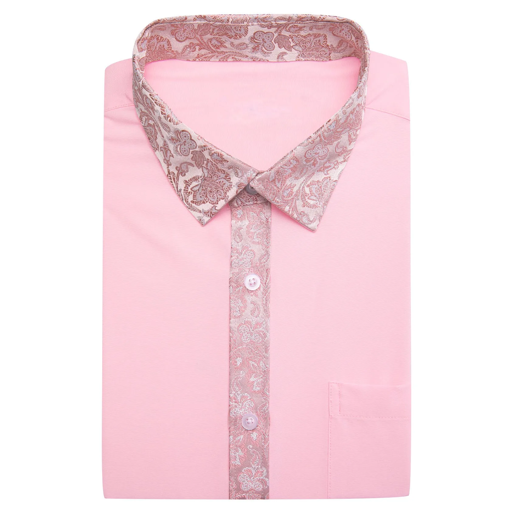 Splicing Style Baby Pink with White Pink Floral Edge Men's Long Sleeve Shirt