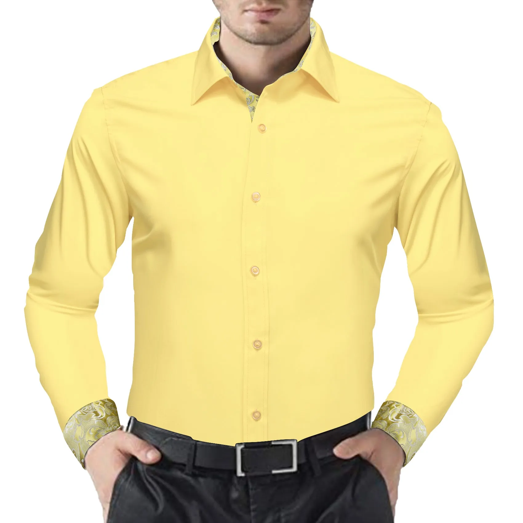 Splicing Style Baby Yellow with White Yellow Floral Edge Men's Long Sleeve Shirt