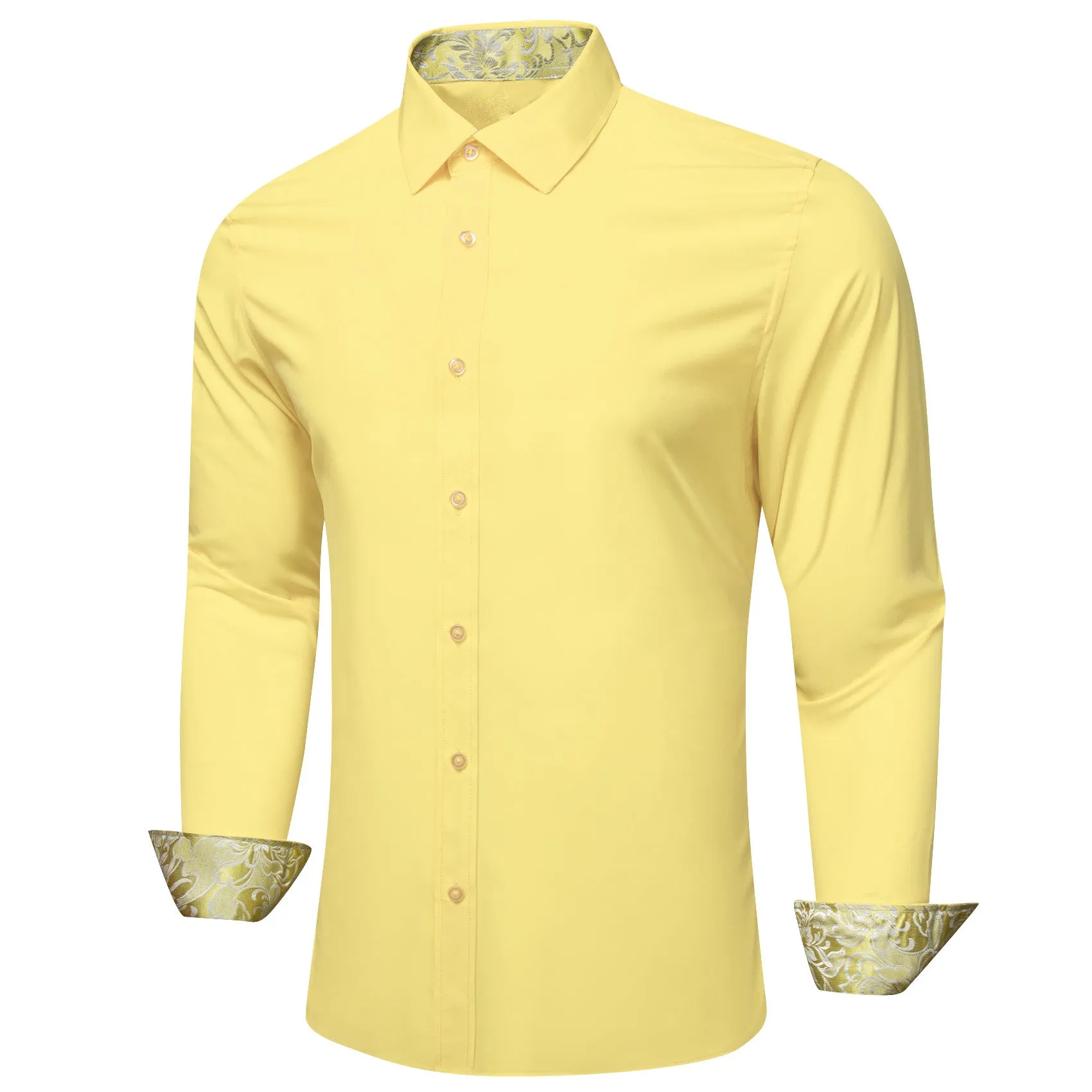 Splicing Style Baby Yellow with White Yellow Floral Edge Men's Long Sleeve Shirt