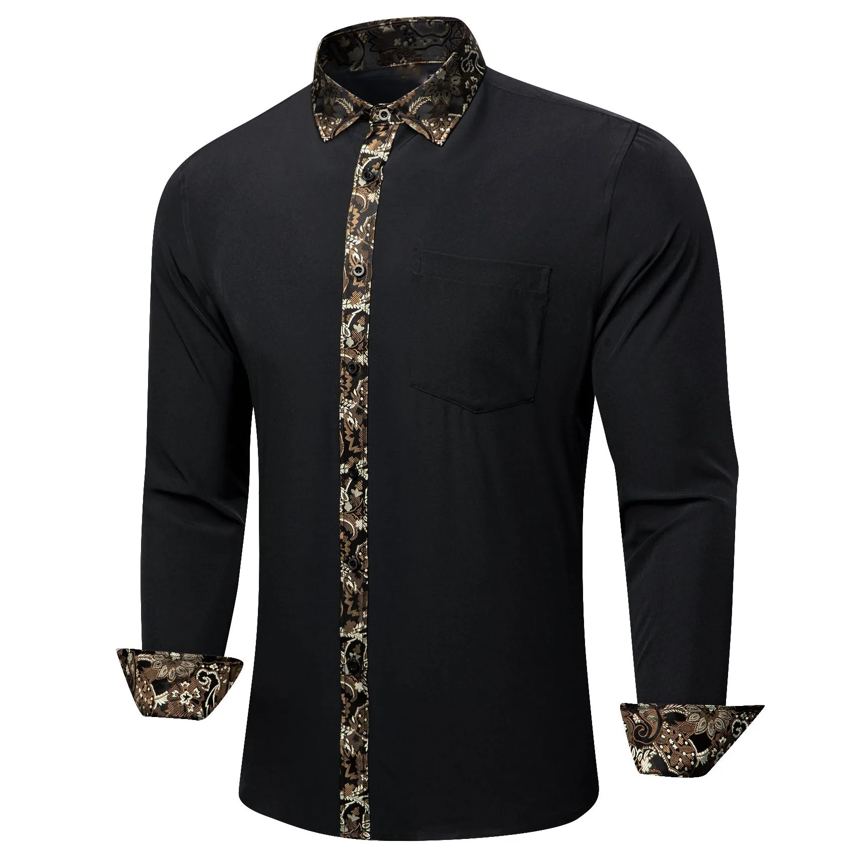 Splicing Style Black with Brown White Paisley Edge Men's Long Sleeve Shirt