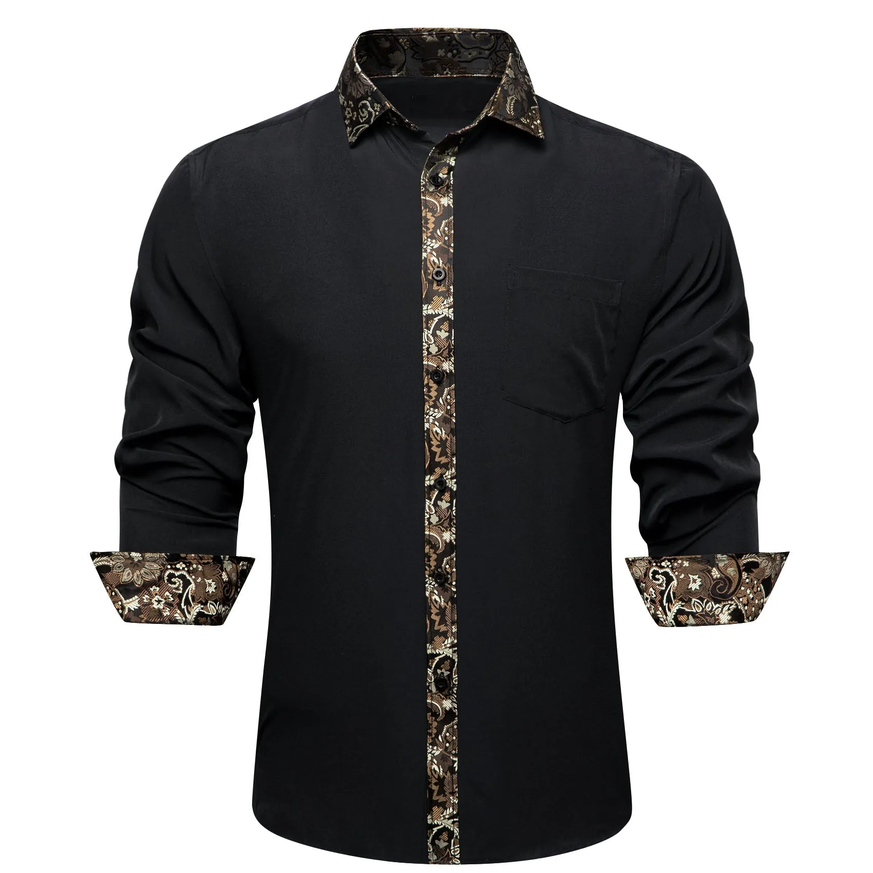 Splicing Style Black with Brown White Paisley Edge Men's Long Sleeve Shirt