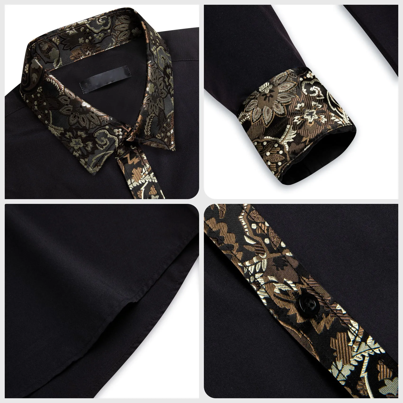 Splicing Style Black with Brown White Paisley Edge Men's Long Sleeve Shirt