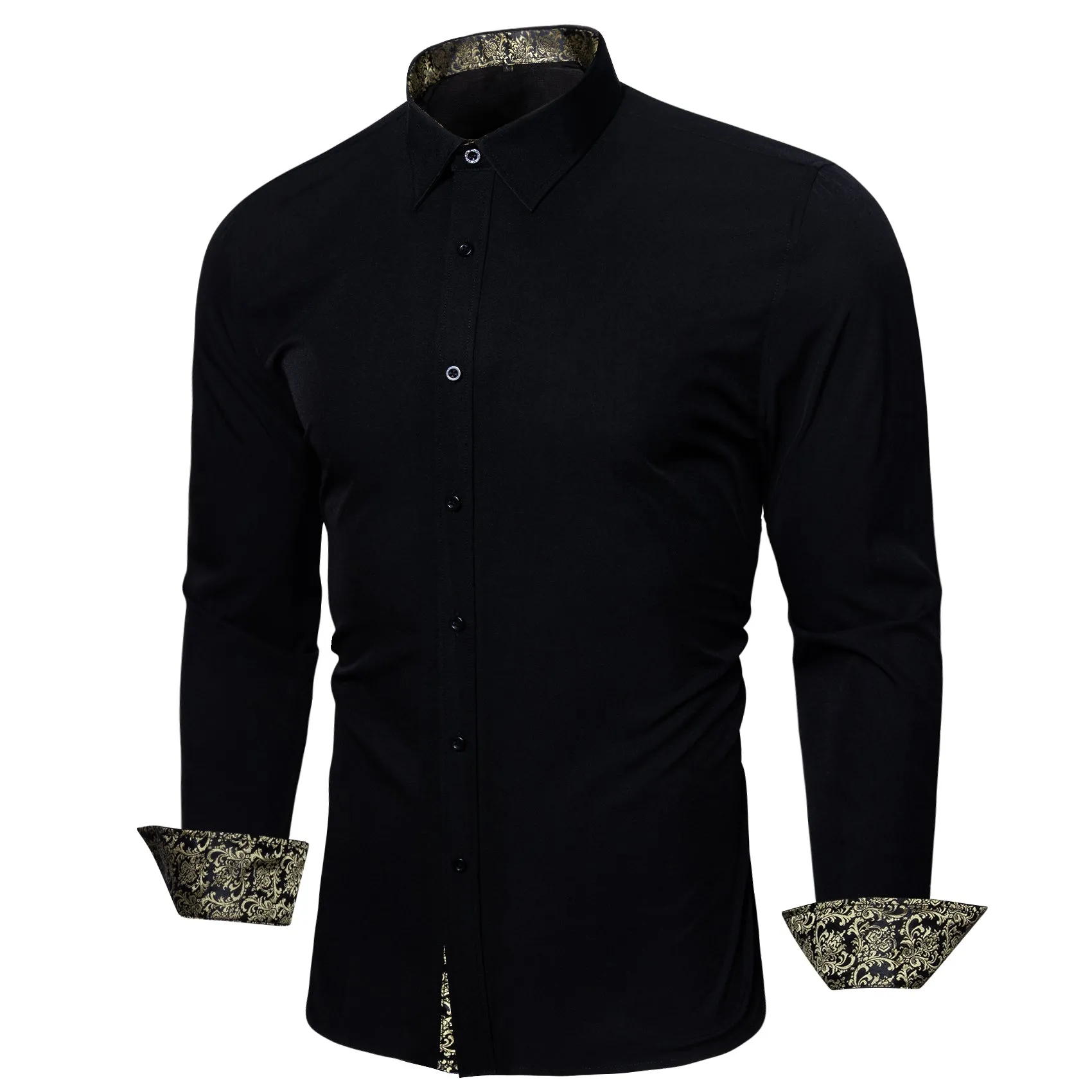 Splicing Style Black with Champagne Floral Edge Men's Long Sleeve Shirt