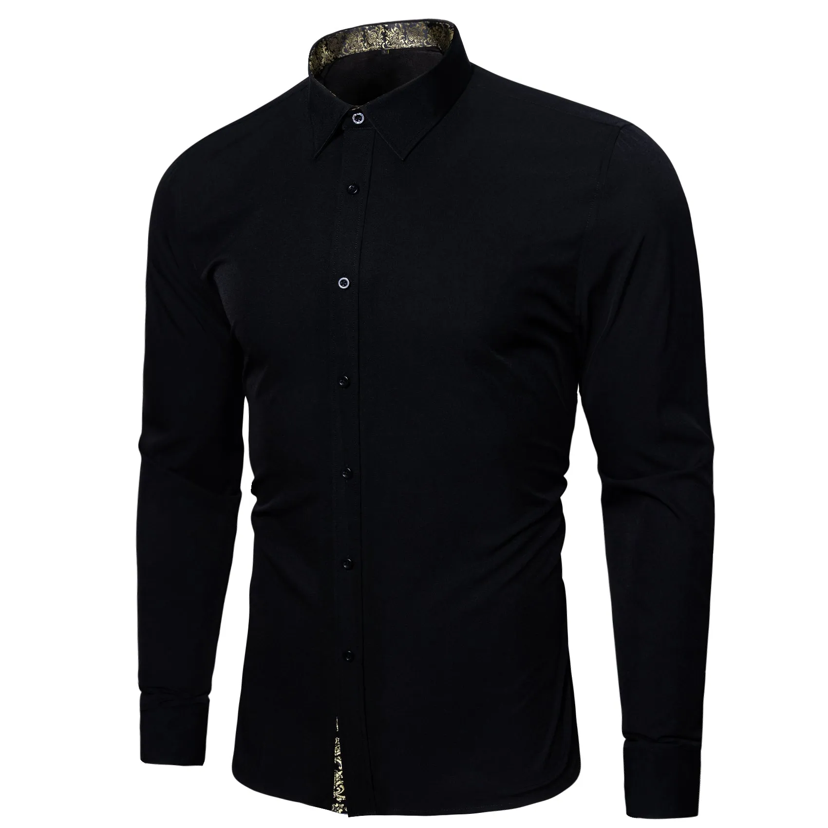 Splicing Style Black with Champagne Floral Edge Men's Long Sleeve Shirt