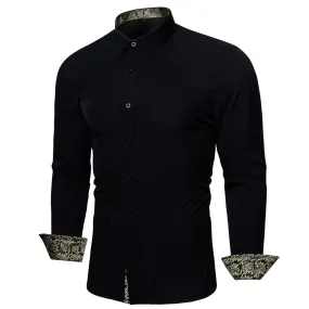 Splicing Style Black with Champagne Floral Edge Men's Long Sleeve Shirt