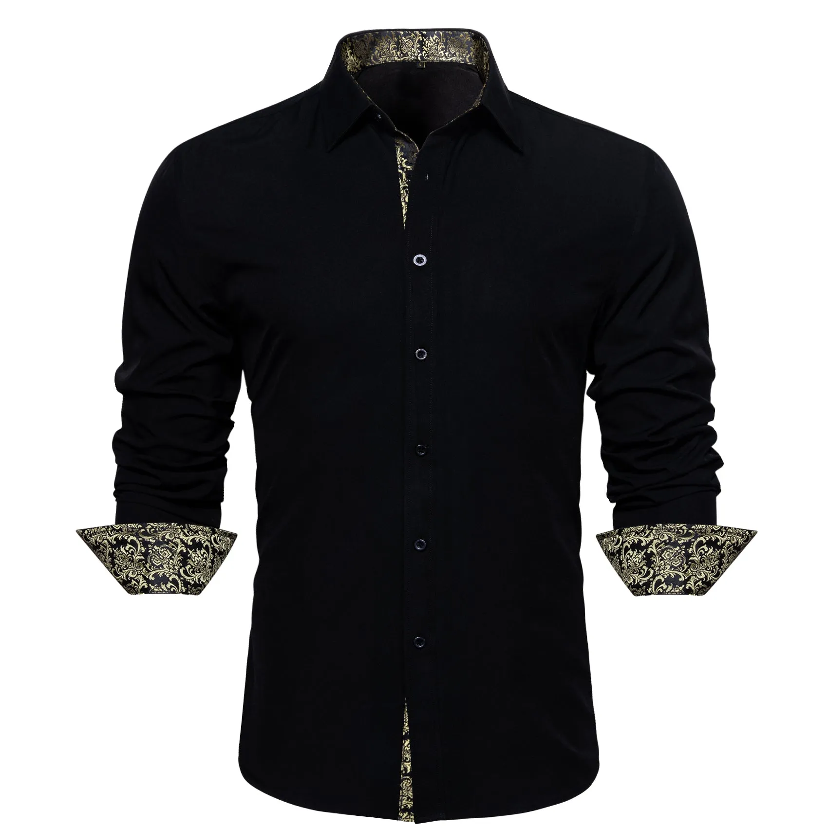 Splicing Style Black with Champagne Floral Edge Men's Long Sleeve Shirt