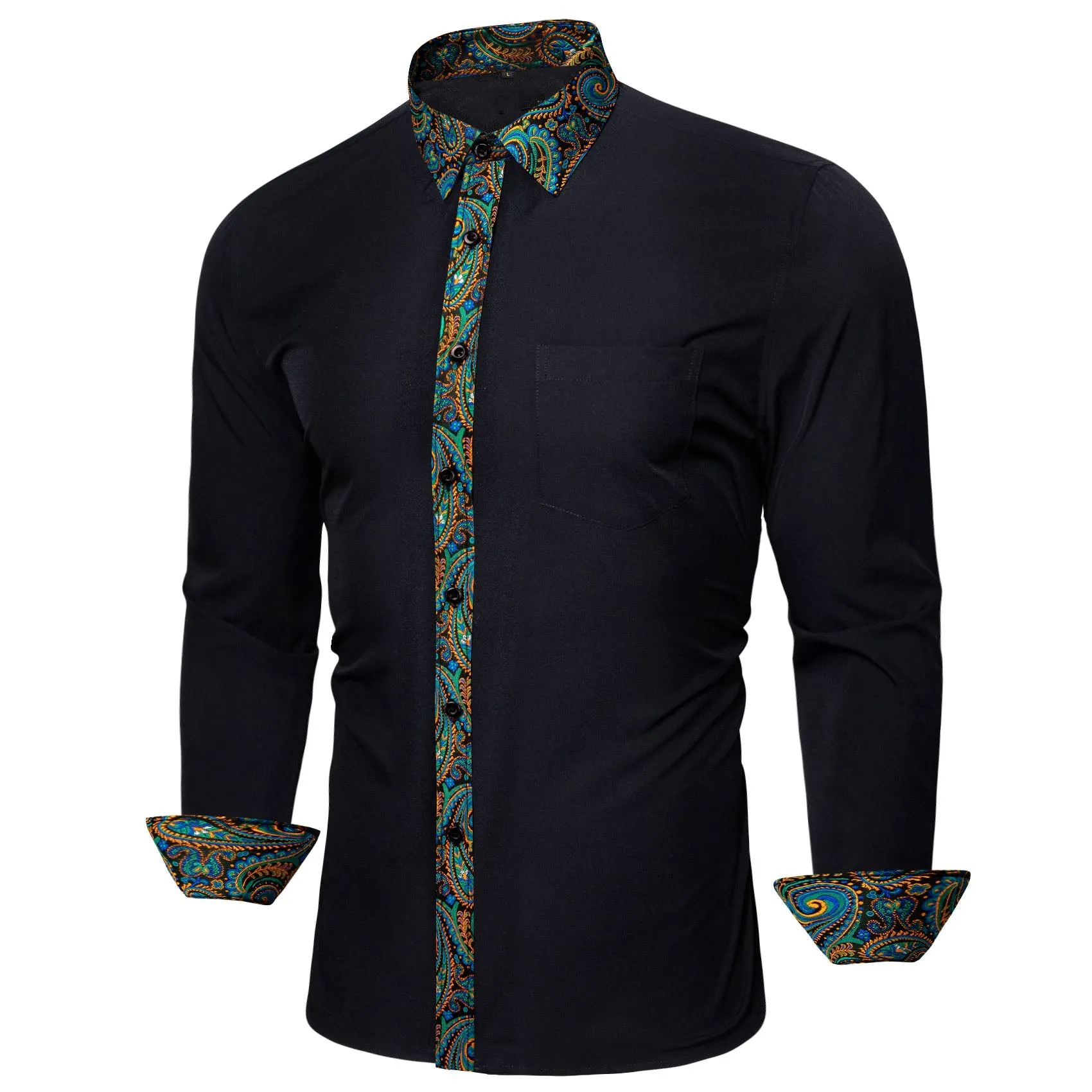 Splicing Style Black with Colorful Green Blue Gold Paisley Edge Men's Long Sleeve Shirt