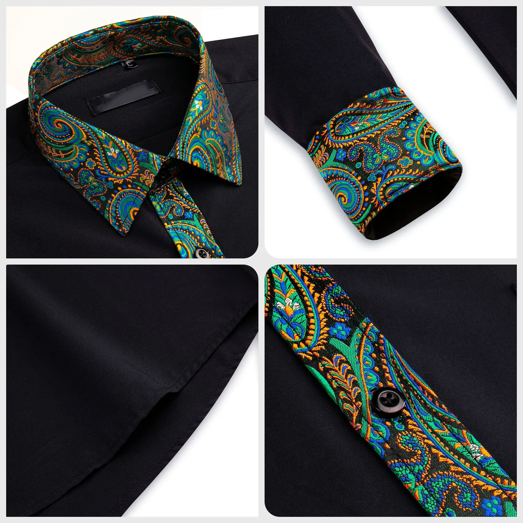 Splicing Style Black with Colorful Green Blue Gold Paisley Edge Men's Long Sleeve Shirt