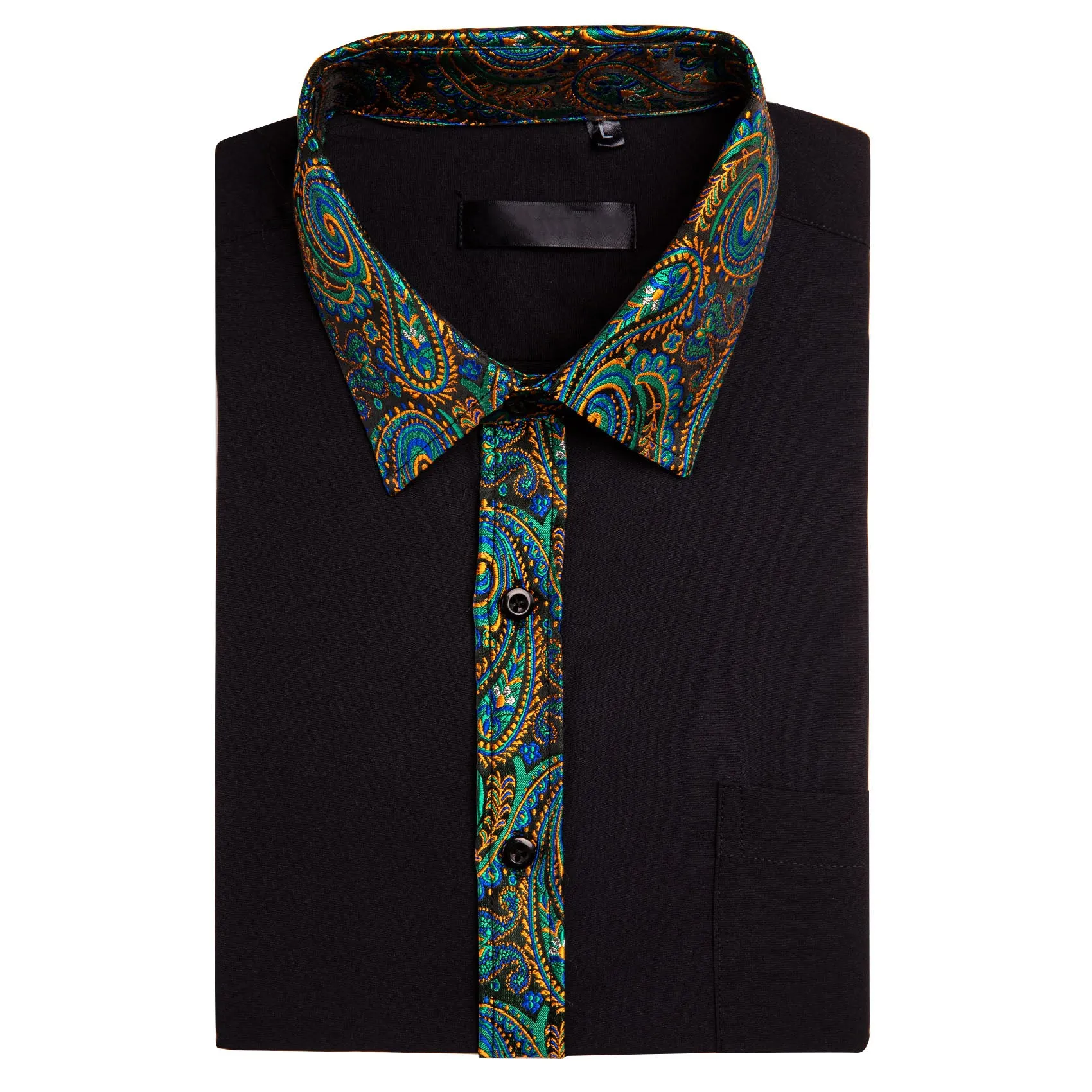 Splicing Style Black with Colorful Green Blue Gold Paisley Edge Men's Long Sleeve Shirt