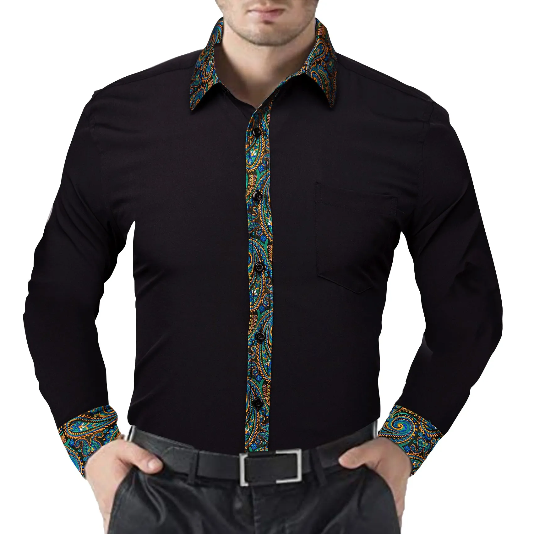 Splicing Style Black with Colorful Green Blue Gold Paisley Edge Men's Long Sleeve Shirt