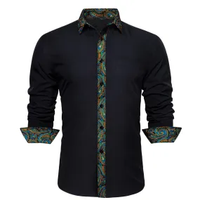 Splicing Style Black with Colorful Green Blue Gold Paisley Edge Men's Long Sleeve Shirt