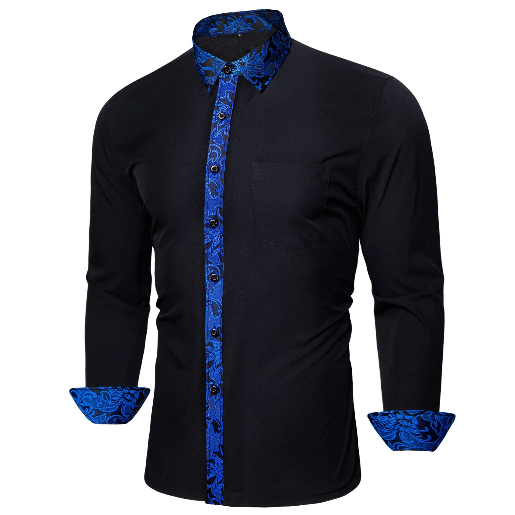 Splicing Style Black with Klein Blue Flower Edge Men's Long Sleeve Shirt