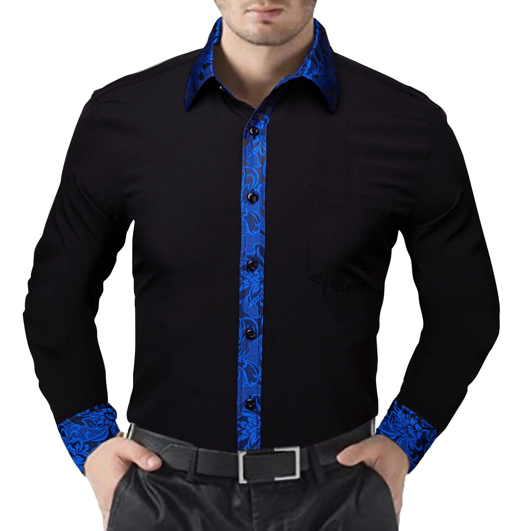 Splicing Style Black with Klein Blue Flower Edge Men's Long Sleeve Shirt